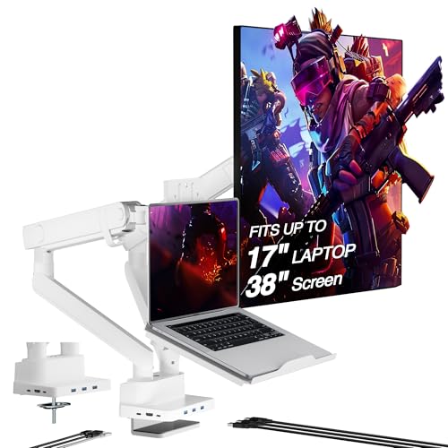 AVLT Laptop & Monitor Arm Desk Mount for 17-38" Screens, USB-C Dock - White | Supports flat/curved screens up to 22 lbs each. 12-17" laptop tray, 7-in-1 USB-C dock, HDMI 4K60, Ethernet and 100W PD - color: White