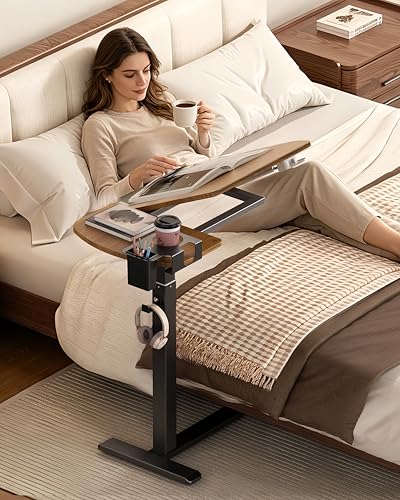 Overbed Table with Wheels, Pneumatic Lift and Tilting Top (Walnut) | Height Adjusts 24.4–42.9 In, Desktop Tilts 0°–70° With Hidden Casters, Cup Holder, Pen Holder And Headphone Hook - color: Walnut