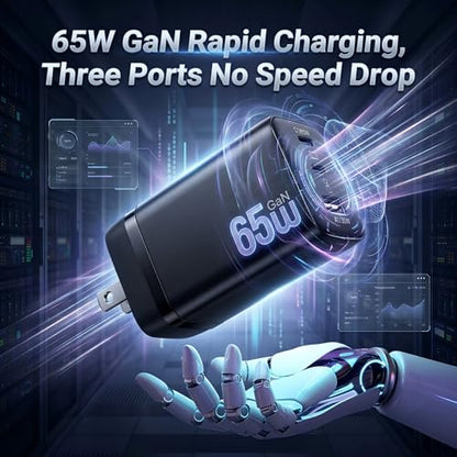 65W USB C Charger Block, 3-Port GaN III Fast Charger, Foldable Wall Charger with 6FT 240W Braided Cable Compatible iPhone 17Pro/16, Mac Book NEO/Air/Pro, ipad Air/Pro, Galaxy S25Ultra/24, Pixel9/8.