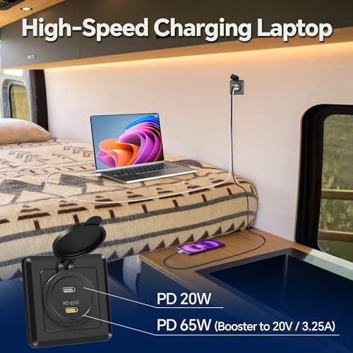 RV Dual USB C Outlet, 65W and 20W PD 3.0 USB Charging Station, 12V USB Charger for Laptops Tablets Drones, Aluminum Car Charger w/Black Bezel for Boat Camper Van Trailer (2 Pack) - color: C+C/2 PACK
