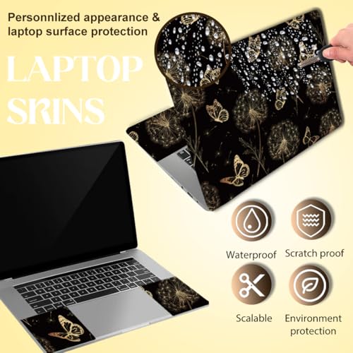 SUPERDANT 3Pcs Golden Butterfly Dandelion Laptop Skin 14.96x10.62in Trimmable Removable PVC Notebook Decal for 12-15.6in Laptop Reusable Protective Cover Colorful - style: Golden Butterfly and Dandelion