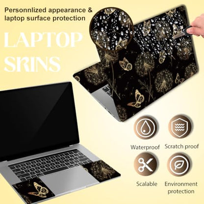 SUPERDANT 3Pcs Golden Butterfly Dandelion Laptop Skin 14.96x10.62in Trimmable Removable PVC Notebook Decal for 12-15.6in Laptop Reusable Protective Cover Colorful - style: Golden Butterfly and Dandelion