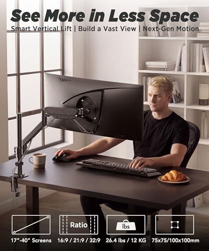 Extra-Tall Heavy-Duty Monitor Arm Mount for 40" Ultrawide Monitors | 33.4" Max Height, 26.4 lb VESA Capacity, C-Clamp & Grommet Mount, Height Adjustable, Long-Reach Ergonomic Arm, Black, MA12P-S - size: Sinlge Monitor Arm