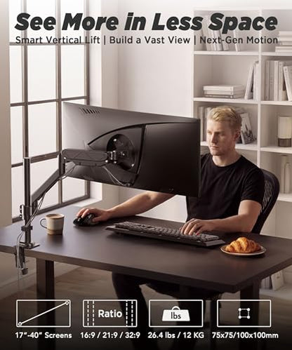 Extra-Tall Heavy-Duty Monitor Arm Mount for 40" Ultrawide Monitors | 33.4" Max Height, 26.4 lb VESA Capacity, C-Clamp & Grommet Mount, Height Adjustable, Long-Reach Ergonomic Arm, Black, MA12P-S - size: Sinlge Monitor Arm
