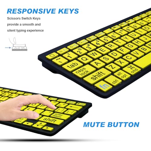 HXMJ-Large Print Mini Bluetooth Keyboard Compatible with iPad,iPhone,iPod,MacBook for Seniors and Visually Impaired Low Vision Individuals-Yellow - color: Yellow
