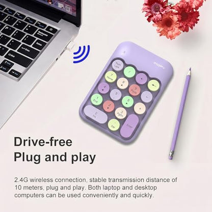 Lomiluskr Cute Wireless Number Keypad with 2.4G USB Receiver, 18 Colorful Round Keys Numpad, Portable Financial Accounting Numeric Keyboard, Suitable for PC, Laptop (Purple) - color: Purple