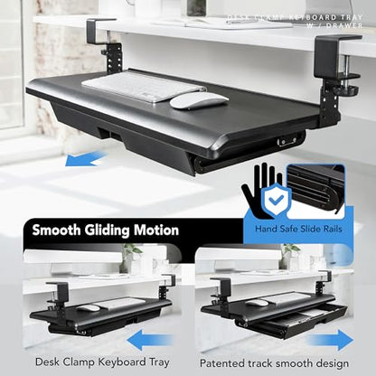EHO Keyboard Tray with Drawer - Clamp On Under Desk Pull Out Extender Table Attachment Platform with Storage Organizer, Large 27.5" (31.8" Including Clamps) x 12.2", Height Adjustable for Home Office - size: 27.5 inch, style: keyboard tray platform with d