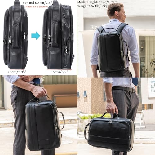 Masa Kawa Vintage Leather Expandable 15.6" Laptop Backpack for Men | Businss Travel Office Work Computer Daypack Bag with Water Bottle Holder, Luggage Strap - color: Black