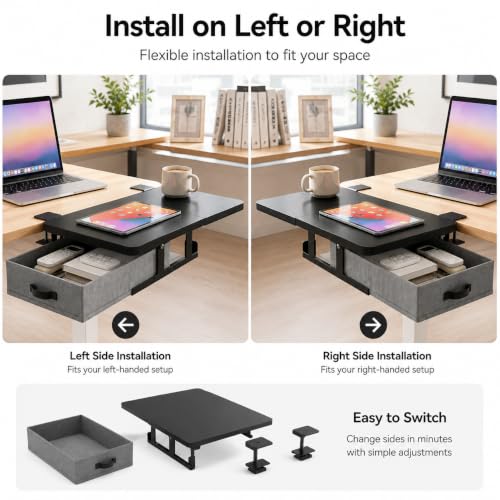 Desk Extender Tray with Drawer, 24 x 12 in, Clamp On Desk Shelf, Black | Extension Table Extender, Keyboard Tray Arm Rest, Front or Side Mount, 55 lbs, Home Office Gaming