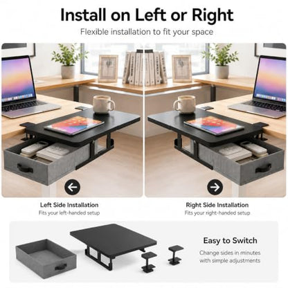 Desk Extender Tray with Drawer, 24 x 12 in, Clamp On Desk Shelf, Black | Extension Table Extender, Keyboard Tray Arm Rest, Front or Side Mount, 55 lbs, Home Office Gaming