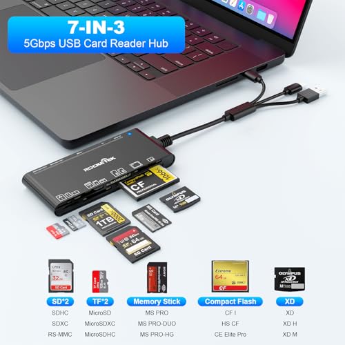 Multi Memory Card Reader, 7-in-3 USB C Lighting USB3.0 Multi Card Reader for SD TF CF XD MS,SD Card Reader Adapter for for Phone/Pad/MacBook/Samsung/PC Plug and Play Read/Write 5Gbps