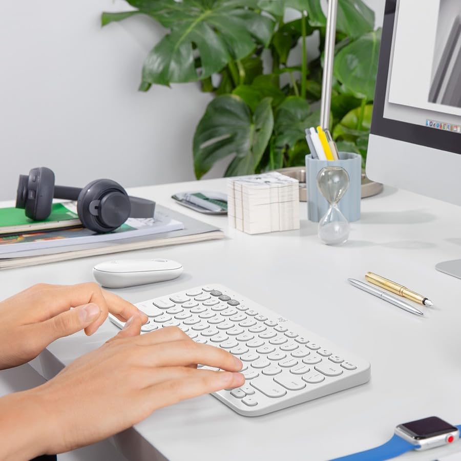 Logitech K380 Pebble Wireless Multi-Device Keyboard for Apple iOS, Apple TV Android or Chrome, Bluetooth, Compact Space-Saving Design, PC/Mac/Laptop/Smartphone/Tablet - Off White | Compact Bluetooth Keyboard, Pair and Switch Between 3 Devices, Scissor Key