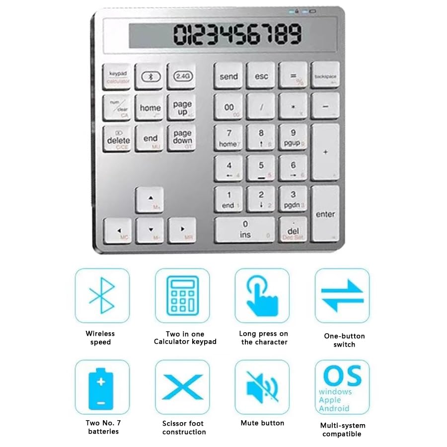 Wireless Bluetooth Numeric keypad and Calculator 2-in-1 Silent Multifunction keypad with Display Office Business for PC, Mac, Laptop, Desktop (Silver)