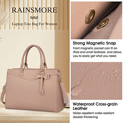 RAINSMORE Laptop Bag for Women 15.6 Inch PU Tote Bag Business Office Work Bag Waterproof Briefcase Computer Tote Lightweight Handbag Shoulder, Khaki - color: Khaki