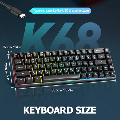 Guiheng Wired Portable 60% Mechanical Gaming Keyboard,RGB LED Backlit Compact 68 Keys Mini Wired Office Keyboard with Red Switch for Windows Laptop PC Mac - Black - color: black