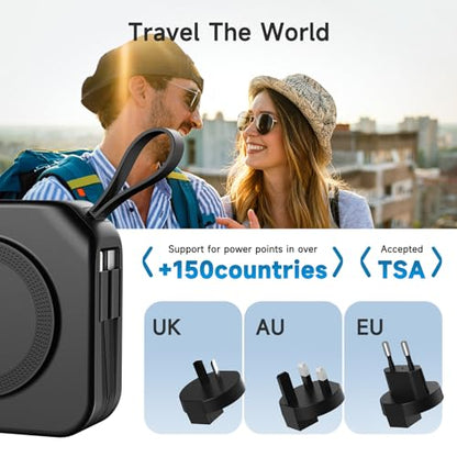 Powerpack Universal 5 in 1 Travel Power Bank - for Magsafe Battery Pack,10000mAh Power Bank with Built in Cable - Wireless Portable Charger for iPhone 15/15 Pro/ProMax, iPhone 14/13/12 Series - color: Black