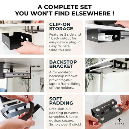 VI+AL Under Desk Laptop Mount - Hidden Metal Shelf with Side Storage - Installs with Tape & Screws - Fits Devices up to 1.7" Thick - Standard (No Hook or Cable Organizer) - style: Standard