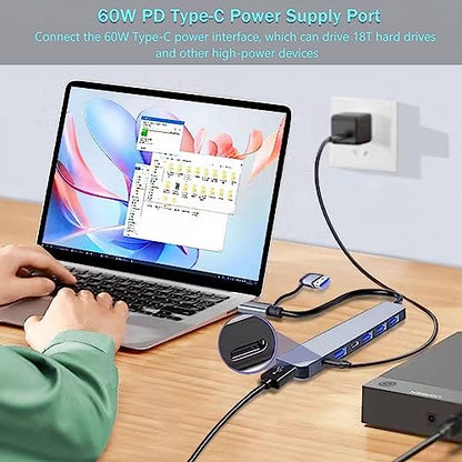 Aluminum USB C & USB Hub 7-in-1 with USB 3.0, USB-C Ports for PC/Laptops/MacBook Pro/Air/iMac/iPad and More Devices