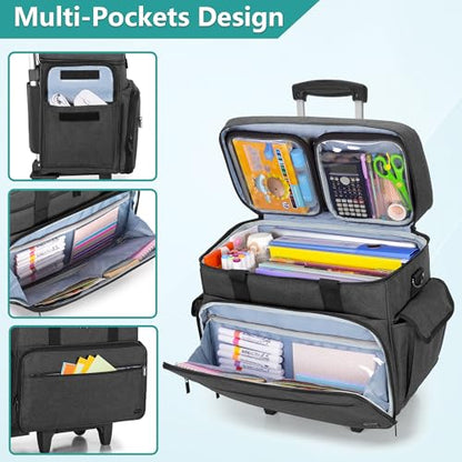 Teamoy Rolling Teacher Bag with 15.6" Laptop Compartment, Black | Teacher Tote Bag with Detachable Wheels, Multi-functional Wheeled Teacher Bag for Teaching, Office