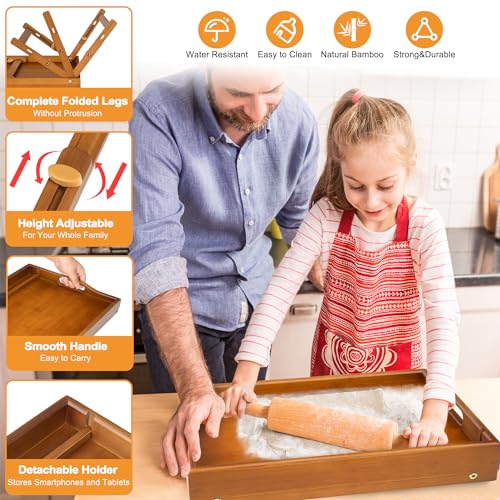 Greenual 2 Pack Bed Tray Table with Handles Folding Legs, Bamboo Breakfast Food Tray with Media Slot, Use As Platter, Laptop Desk, Snack, TV Tray Kitchen Serving Tray(Brown) - color: Brown