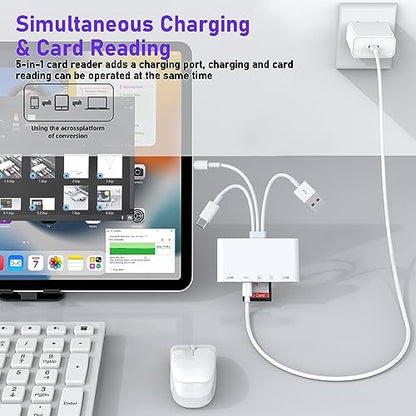 5-in-3 SD Card Reader for iPhone iPad with USB A & Charging Port, Lightning + USB A + USB C to SD Memory Card Reader for iPhone/iPad/Android/MacBook/PC/Tablet/Camera/Hard Disk/Flash Drive