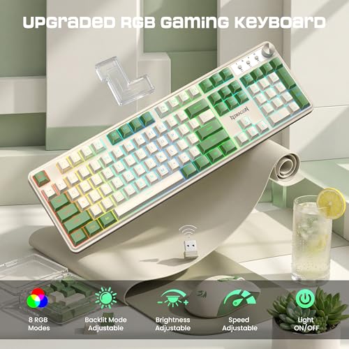 Redragon RM104 Wireless Gaming Keyboard with Knob, Tri-Mode BT/2.4G/USB-C RGB Computer Keyboards, 4000mAh Battery, Programmable Software Support, Anti-Ghosting, Compatible with PC Mac - White & Green - color: White-Green
