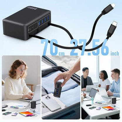 345W USB C Charger 10 in 1 Retractable Wall Charger with 2 Cables,GaN 6 USB C Charging Station Phone Charging PD Laptop Charger Adapter for MacBook Pro/Air,DELL,iPhone17/16/15,Galaxy S24,Android etc - color: Black, size: 345W