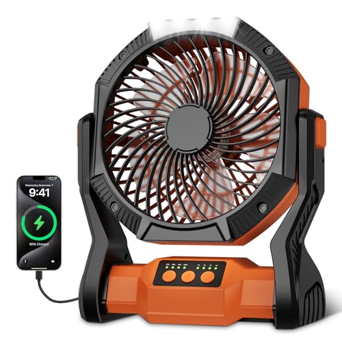 Portable Rechargeable Fan, 20000mAh Battery Powered Camping Fan with LED Light & Hook, 270° Adjustable, 4-Speed, 4H Timer Camping Essentials for Outdoor Tent Travel BBQ Car_Orange - color: Orange
