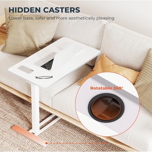 32''Large Medical Overbed Bedside Table with Wheels,Rolling Table | 31.5''x17.7'' White Table Top + White Edging Wood Grain Pneumatic Tilting Desktop,Overbed Table for Hospital Use - color: White+white, size: Large
