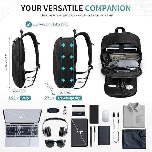 Small Inch Laptop Backpack, Expandable with USB Port, Water-Resistant for Work, College and Travel, Black - color: Black