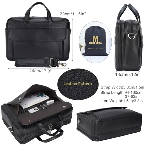 Masa Kawa Leather 15.6" & 17" Laptop Briefcase Men Business Messenger Bag | Full Grain Cowhide Business Travel Office Work Crossbody Shoulder Professional Attache Case for 2 Computers - color: Black-fits 17" Laptop