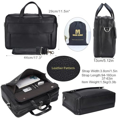 Masa Kawa Leather 15.6" & 17" Laptop Briefcase Men Business Messenger Bag | Full Grain Cowhide Business Travel Office Work Crossbody Shoulder Professional Attache Case for 2 Computers - color: Black-fits 17" Laptop