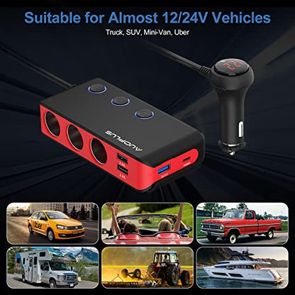 Car Cigarette Lighter Adapter, USB C Charger 30W and Quick Charge 3.0 Car Cigarette Lighter Splitter, 12V/24V Independent Switches, Fast Car USB Charger for All Car Devices, iPhone 14/13/12 pro | Car Cigarette Splitter 12V/24V Independent Switches, Fast C