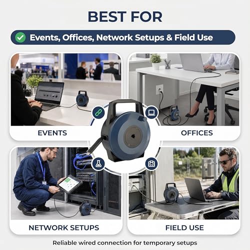 USB-C (Type-C) to Ethernet Cable Reel, 50Ft (15M) CAT6 Tough-Flat™, Up to 1 Gbps, Plug & Play, Truck-Pass Safe, Retractable Cable for Temporary Setups