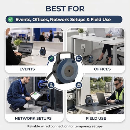 USB-C (Type-C) to Ethernet Cable Reel, 50Ft (15M) CAT6 Tough-Flat™, Up to 1 Gbps, Plug & Play, Truck-Pass Safe, Retractable Cable for Temporary Setups