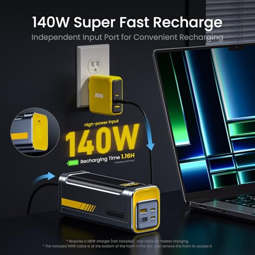AOHI 140W PD3.1 Laptop Power Bank 40000mAh Fast Charging Station, The Future Starship 2 in 1 Camping Large Portable Charger for MacBook Pro/Air, iPad Pro, iPhone 16 Pro Max,Galaxy,Steam Deck, Grey