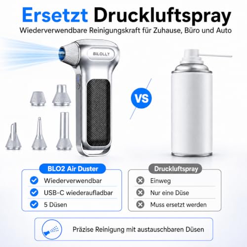 BiLOLLY Compressed Air Duster, 130000RPM Electric Air Duster, Cordless Rechargeable Air Blower, Turbo Fan Mini Blower, Violent Fan with 5 Nozzles for Keyboard, Computer, Laptop, Car & Home