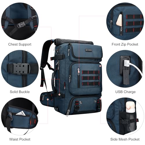 WITZMAN Carry on Travel Backpack for Men Airline Approved Fits 16" Laptop | Nylon 3 in 1 Luggage Duffle Bag with USB Charging Port, Shoe Compartment, For Weekend Getaway, Overnight Trip, B682 Blue - color: 04.blue