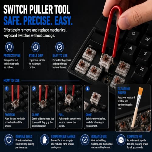 Mechanical Keyboard Switch Puller - 304 Stainless Steel Switch Remover Tool with Anti-Static Cleaning Brush for Hot Swap Gaming Keyboard Modding, Ergonomic PCB-Safe Design