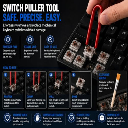 Mechanical Keyboard Switch Puller - 304 Stainless Steel Switch Remover Tool with Anti-Static Cleaning Brush for Hot Swap Gaming Keyboard Modding, Ergonomic PCB-Safe Design