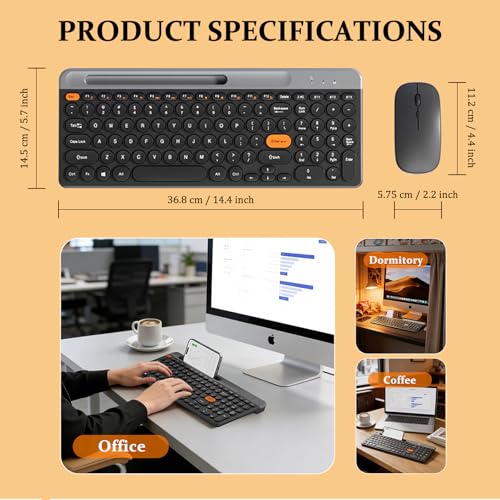 Bluetooth Keyboard Mouse Combo, Dual Multi-Device Wireless Keyboard with Phone Holder, Ultra-Compact 78-Key Layout, Quiet Keys & Rechargeable, for Windows PC Laptop (Black) - color: Black