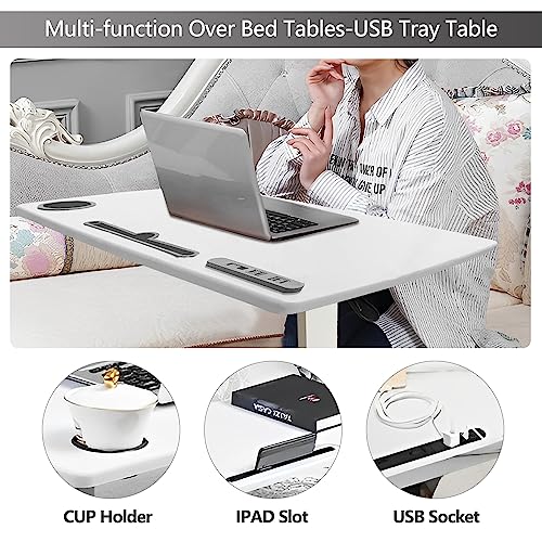 BeGyoku Overbed Table,Hospital Bed Table,Pneumatic Bedside Table Adjustable Over The Bed with Hidden Wheels&USB,Mobile Laptop Cart&Rolling Tray Table Hospital Home Use-White1 - color: White1-32" L X 16" W