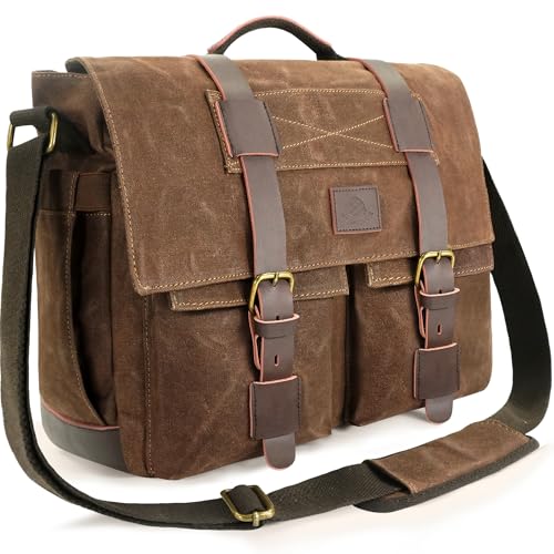 Messenger Bag for Men - 15.6" Waterproof Waxed Canvas Laptop Bag | Features 10+ functional compartments, Side Water Bottle Pockets, Unique Vintage Style, Adjustable Shoulder Strap - color: Vintage Brown, size: 15.6''