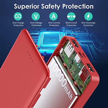 [2 Pack] Portable Charger Power Bank 10000mAh,Ultra Slim Compact External Battery Pack with USB C Input & Dual USB Outputs Backup Charger Compatible with iPhone 13,12, Samsung S20,Tablet-Black+Red - color: Black+Red, size: 10000mAh