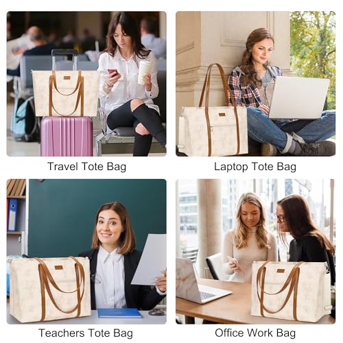 Laptop Bag for Women 17 Inch, Leather Laptop Tote Bag Waterproof Computer Bag Office Work Bag Business Briefcase with Compartment&Shoulder Straps (A3-Beige/Brown Flower, 17.3 inch) - color: A3-beige/Brown Flower