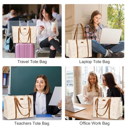Laptop Bag for Women 17 Inch, Leather Laptop Tote Bag Waterproof Computer Bag Office Work Bag Business Briefcase with Compartment&Shoulder Straps (A3-Beige/Brown Flower, 17.3 inch) - color: A3-beige/Brown Flower