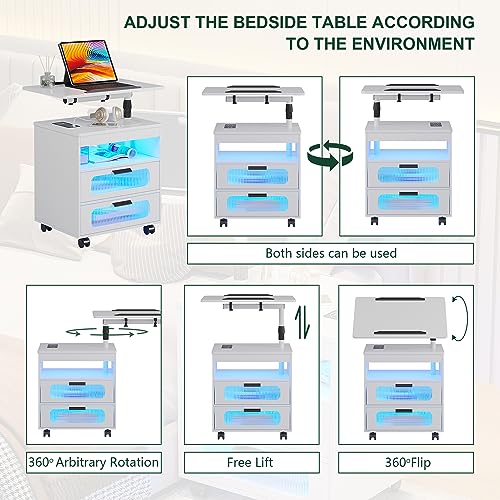 HNEBC LED Nightstand Set of 2 with Charging Station & Adjustable Overbed Desk, 3 Color LED Lights & Body Sensor, Mobile Bedside Table with Wheels, 2 Drawers & Open Shelf for Bedroom(White) - color: 9603-2-white