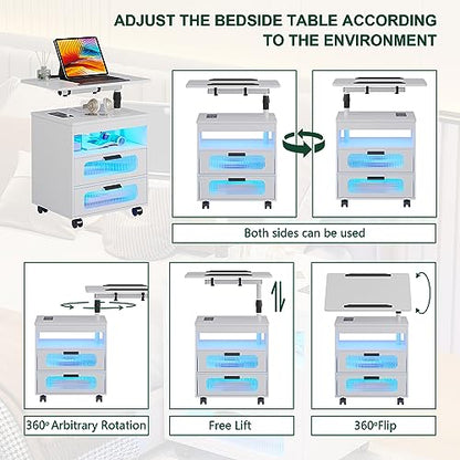 HNEBC LED Nightstand Set of 2 with Charging Station & Adjustable Overbed Desk, 3 Color LED Lights & Body Sensor, Mobile Bedside Table with Wheels, 2 Drawers & Open Shelf for Bedroom(White) - color: 9603-2-white