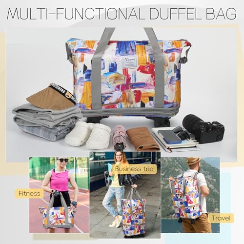 VOOWO Duffel Bag with Wheels - Rolling Foldable Expandable Duffle Bag with Wheels for Travel, Rolling Luggage Carry On Bag with Wheels, Large Rolling Backpack Weekend Bags for Men Women (Gray) - color: Geometry