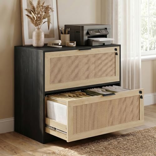 HOPUBUY 2 Drawer File Cabinet with Lock, Printer Stand Lateral | Home Office and School, Wood Rattan Filing Cabinet for Hanging Files/Letter/Legal/A4/F4 Size, Black, 2Drawer, Set1 - color: Black, size: Set1